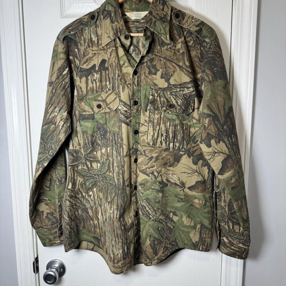 Vintage Sports Afield Realtree Camo Button Up Shirt Mens Large USA Made Spellout